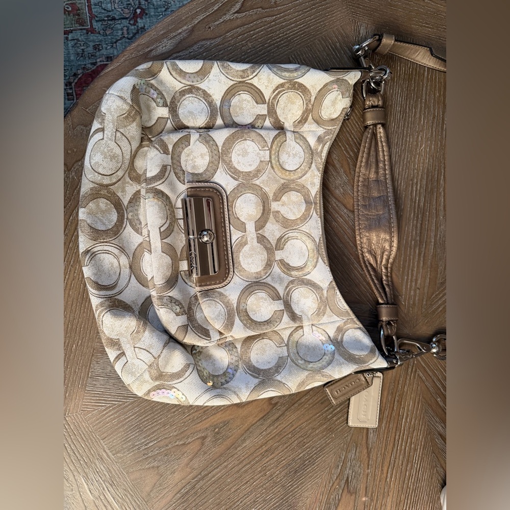 Coach Kristin Hobo Sequins Vintage Tan & Cream Shoulder Bag - Picture 12 of 14